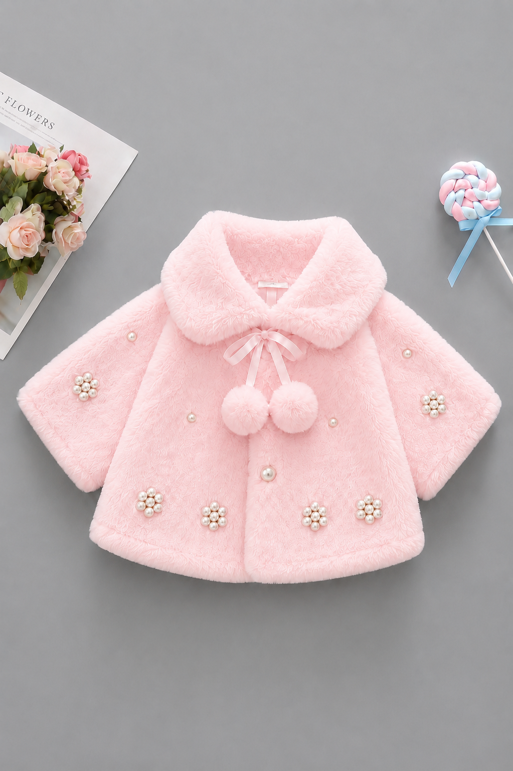 Pearl Blossom Faux Fur Cape-Baby Pink 919