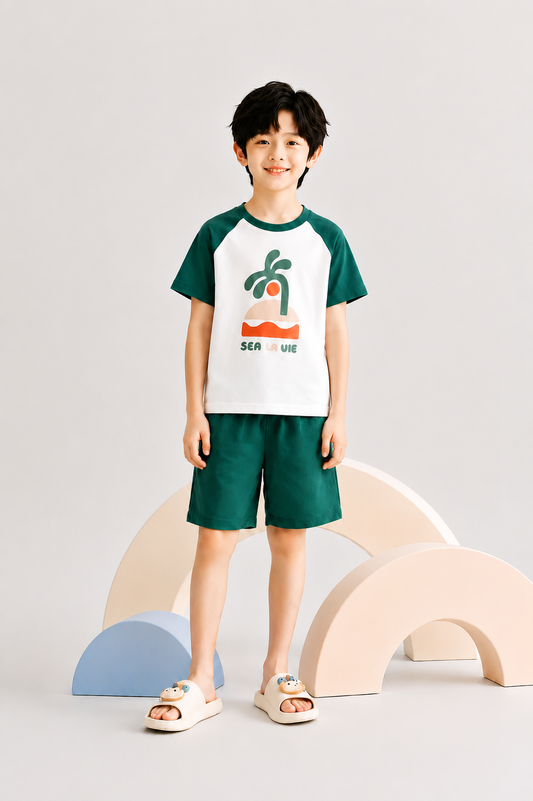 14 August Sea La Vie  Printed Green & White Nicker Suit Boys 215