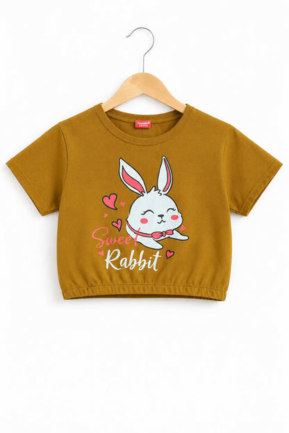 Rabbit Printed Mustard  Black Girls T Shirt