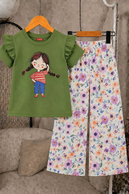Doll Printed Light Green T-shirt & Cotton Flapper