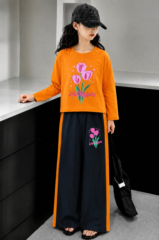 [Flowers] Printed Pink Orange  Selves Baggy Track Suit Girls
