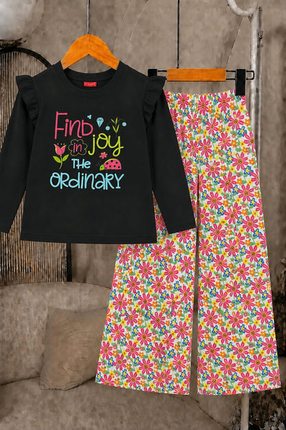 [Find  Joy In The Ordinary] Printed Black Girls  T-shirt & Cotton Flapper