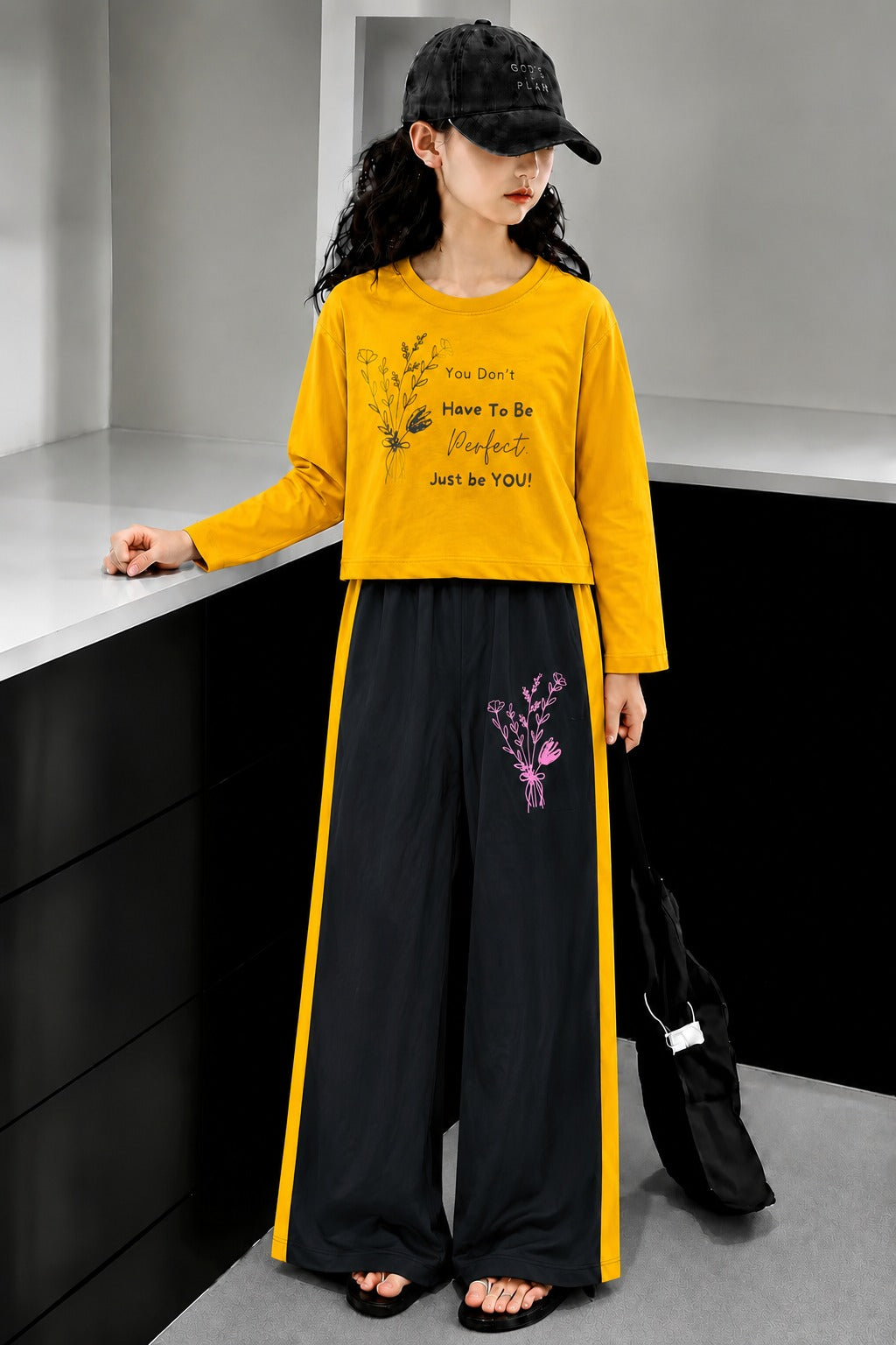 [You Don't Have To Be Perfect ] Printed Yellow  Full Selves Baggy Track Suit Girls