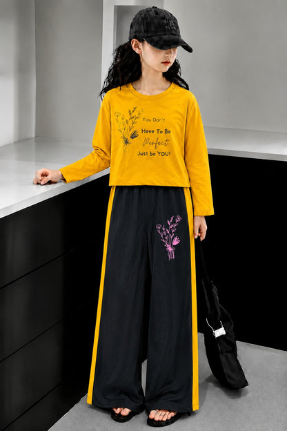 [You Don't Have To Be Perfect ] Printed Yellow  Full Selves Baggy Track Suit Girls