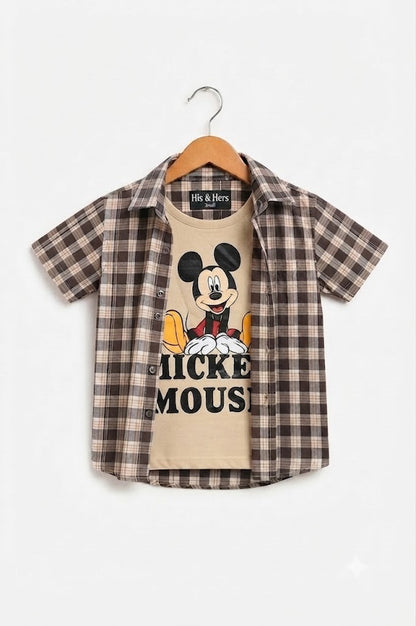 Brown Checked [Mickey Mouse  ] Printed   Layered Casual Shirt