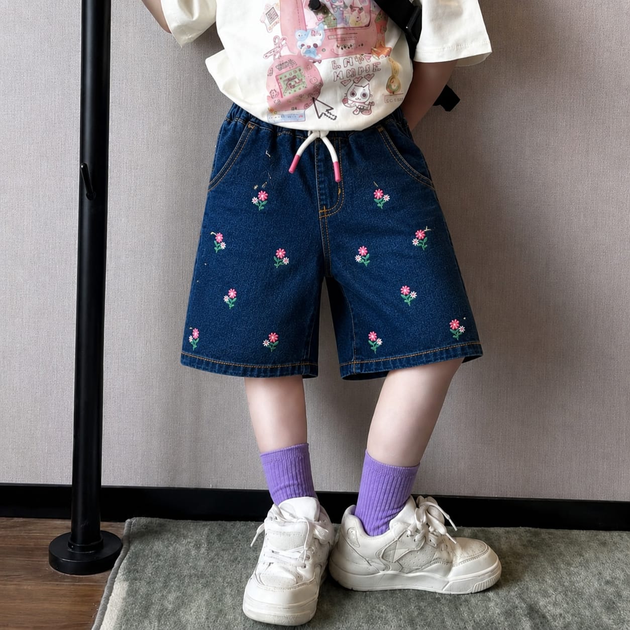 All Over Embroidery Dark  Blue Girls Short