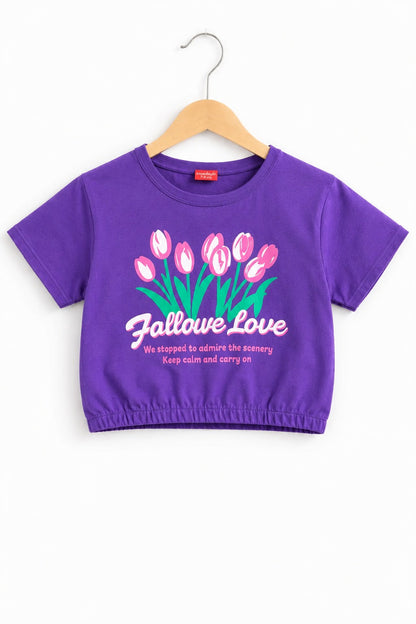 Flowers Printed Purple  Girls T Shirt
