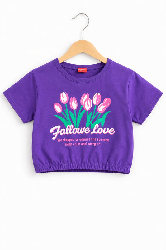 Flowers Printed Purple  Girls T Shirt