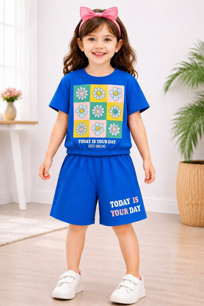 Flowers Printed Royal Blue Girls Nicker Suit
