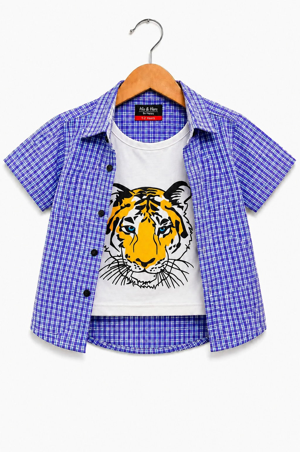 Dark  Blue Checked Tiger Printed Layered Casual Shirt