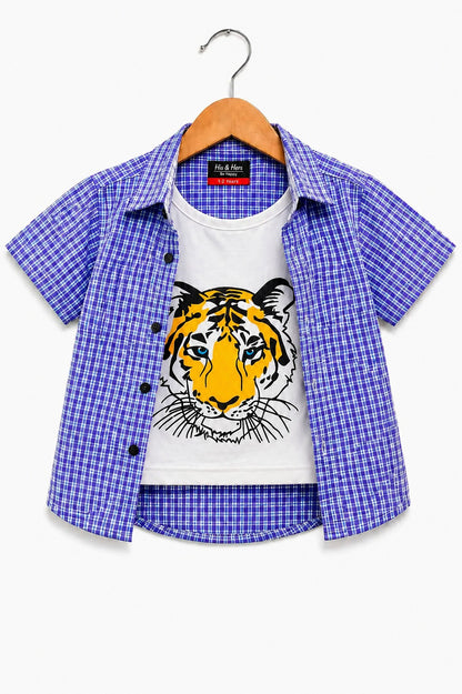 Dark  Blue Checked Tiger Printed Layered Casual Shirt