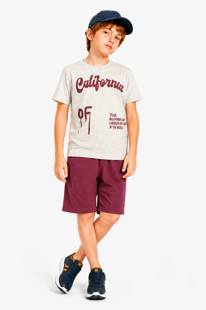 California  Printed  Off-white & Maroon Boys Nicker Suit 528
