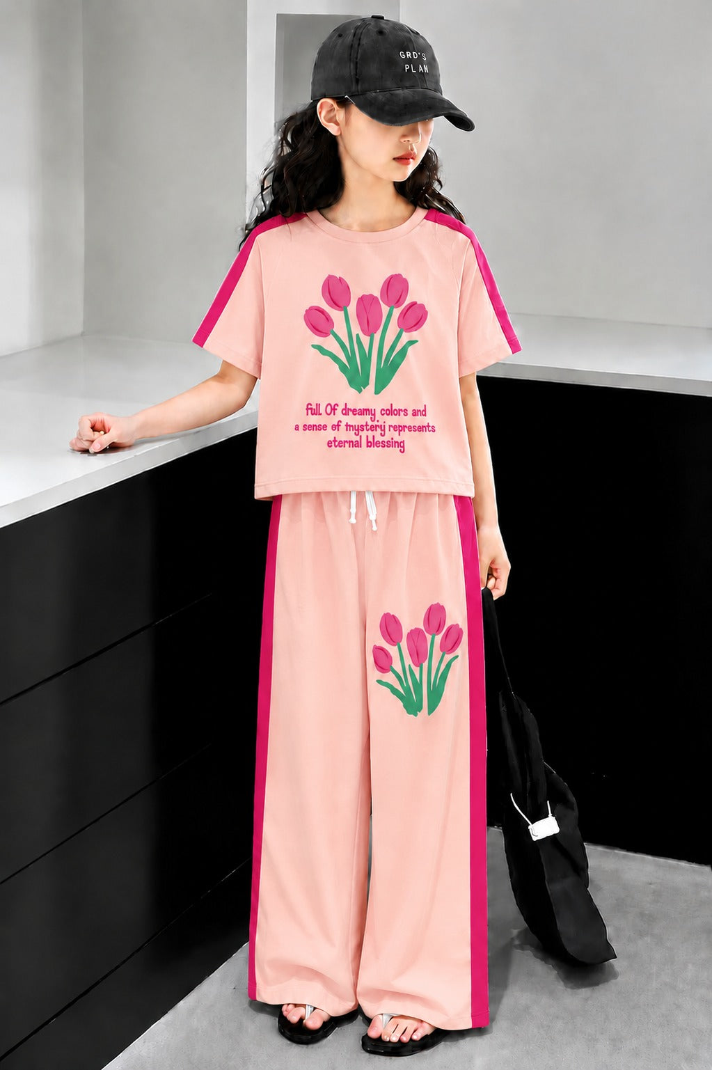 Flowers Printed Peach Pink  Half Selves Baggy Track Suit Girls 285