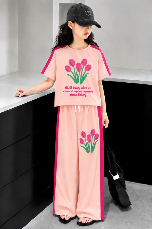 Flowers Printed Peach Pink  Half Selves Baggy Track Suit Girls 285