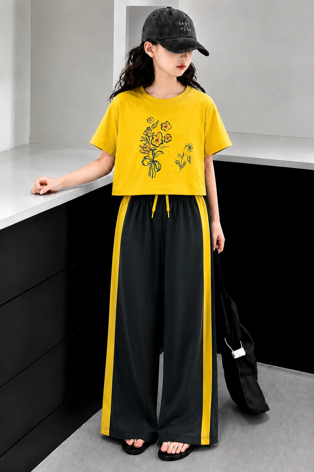 Flowers Printed Dark Yellow  Half Selves Baggy Track Suit Girls