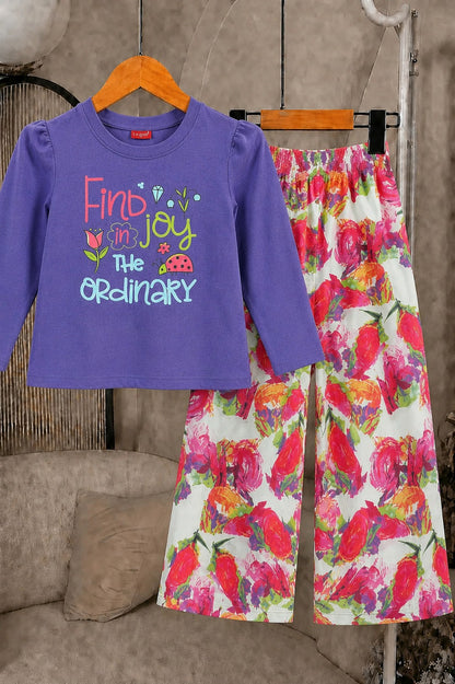[Find  Joy In The Ordinary] Printed Dark Blue Girls  T-shirt & Cotton Flapper