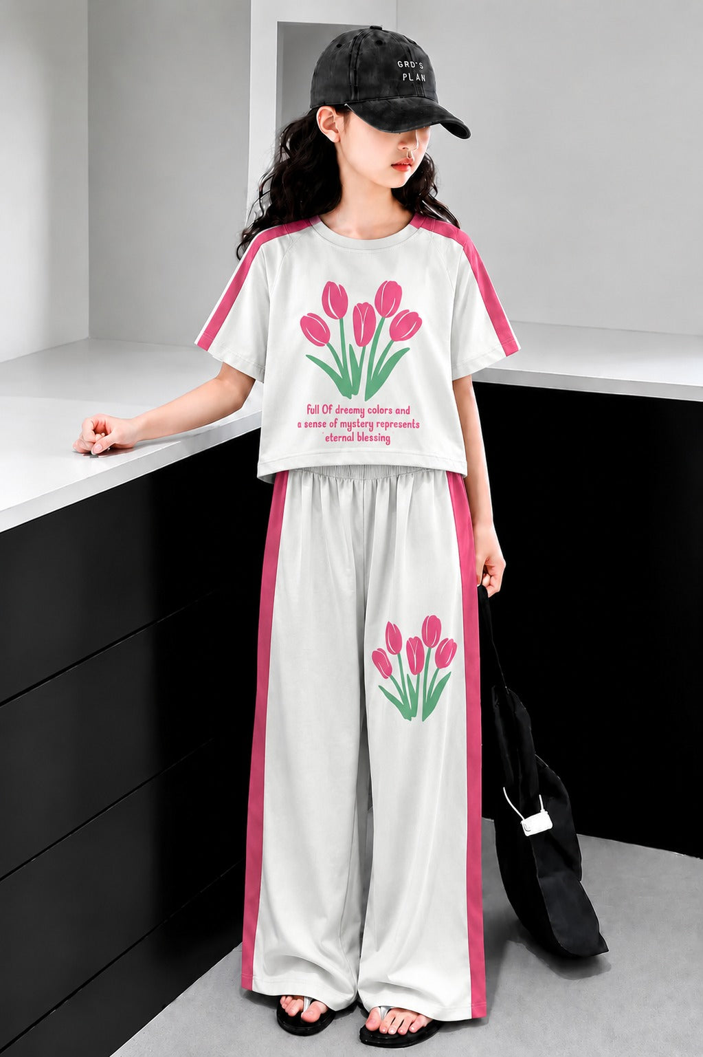 Flowers Printed White Half Selves Baggy Track Suit Girls