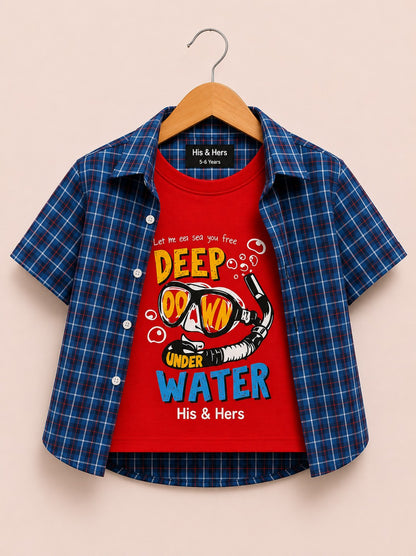 Blue  Color Checked [Keep Water ] Printed Layered Casual Shirt