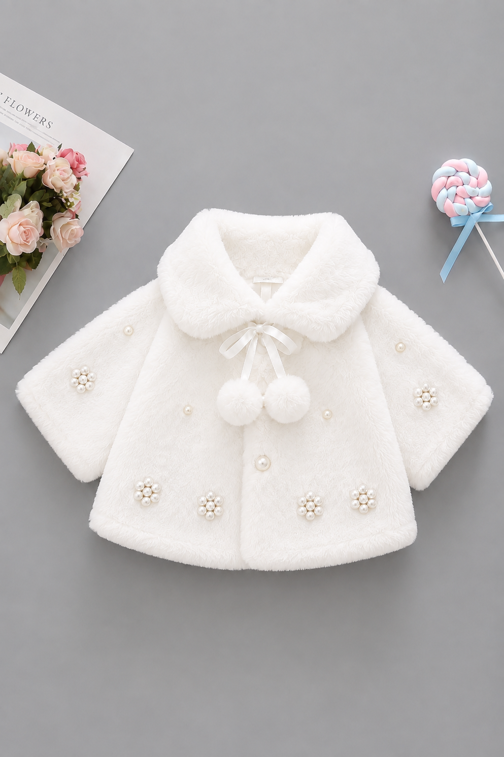 Pearl Blossom Faux Fur Cape-White 918