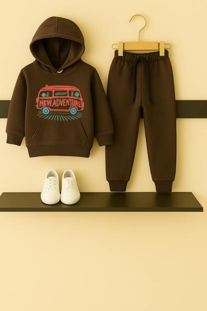 “New Adventure” Hoodie Fleece Tracksuit – Brown 137
