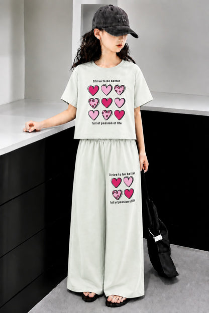 Hearts Printed White  Half Selves Baggy Track Suit Girls