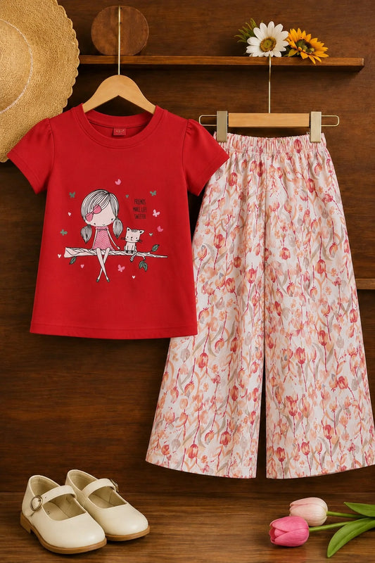 Girl with Cat Printed Red  Girls T-Shirt &Cotton Flapper