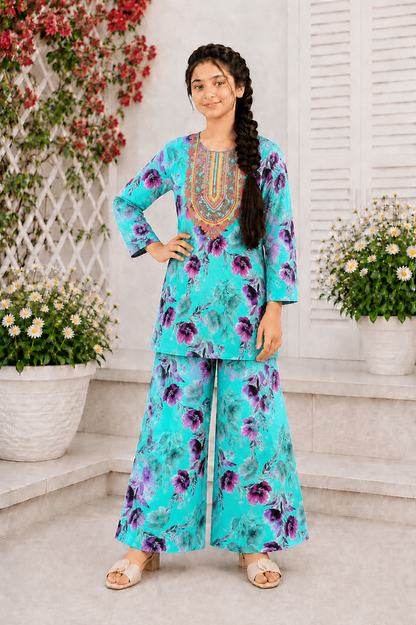 Rose Bloom Neckline Embroidered Purple & Blue  Girls’ Soft Lawn Suit