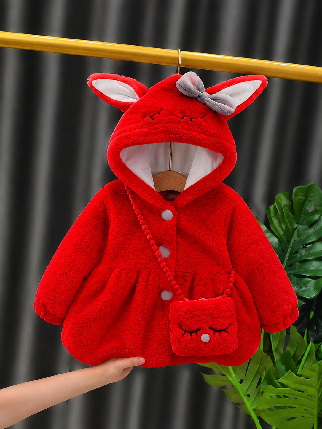 Bunny Bow  Plush Coat - Red 910