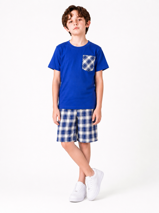 Grey & Black Check Pocket Royal Blue  Cotton Boys Nicker 121