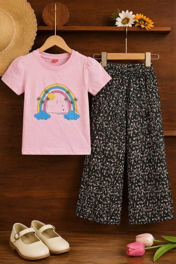 Rainbow Printed Light Pink Girls T-Shirt &Cotton Flapper