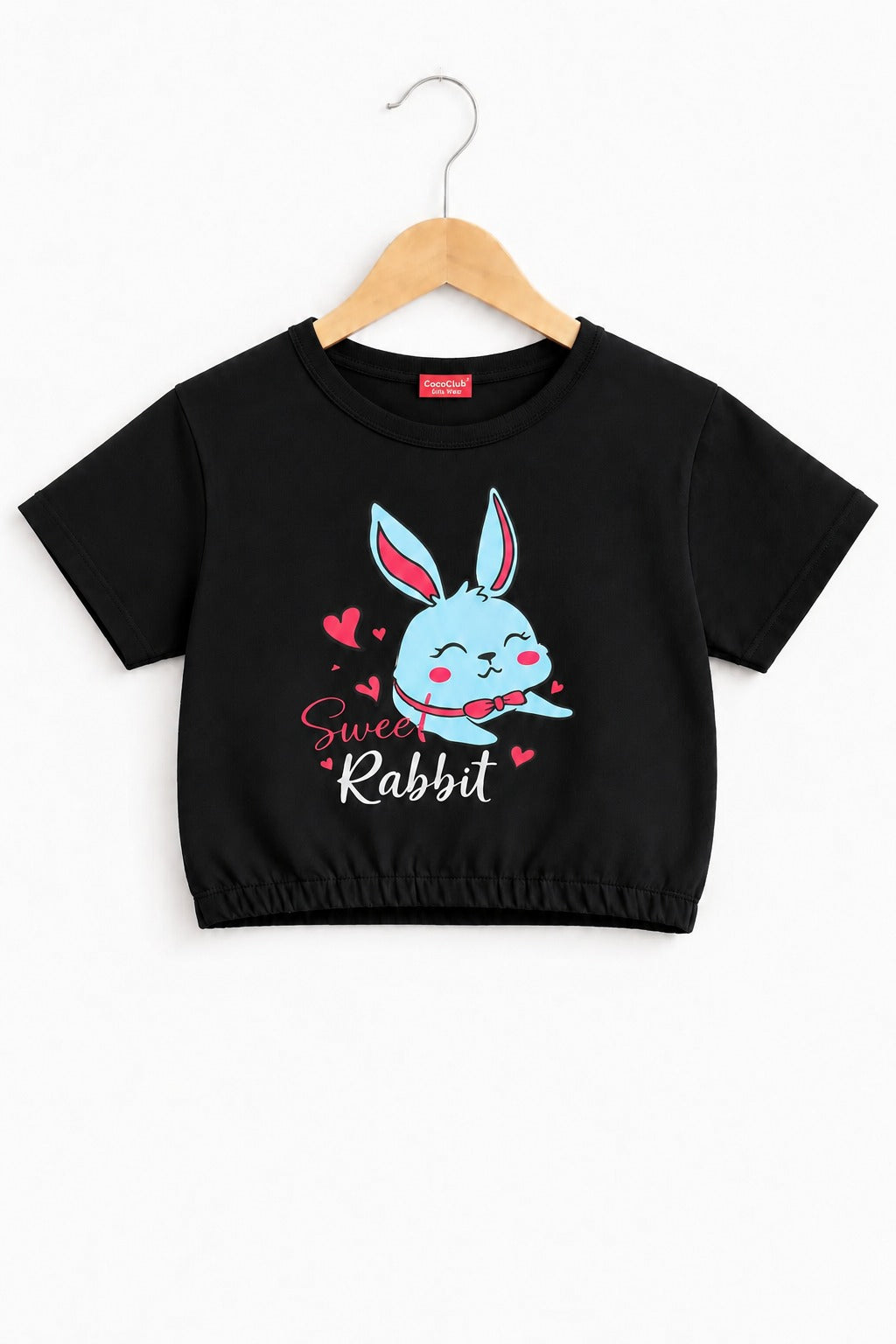 Rabbit Printed Black Girls T Shirt