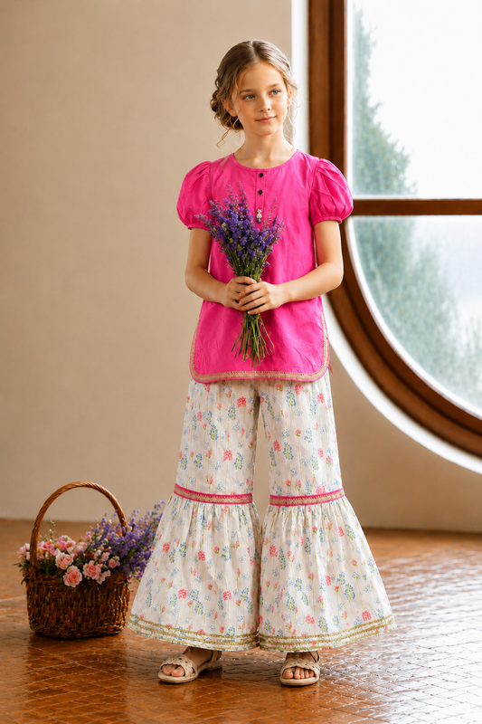 Pink Petal Half Sleeves Girls Cotton Garara Suit 421