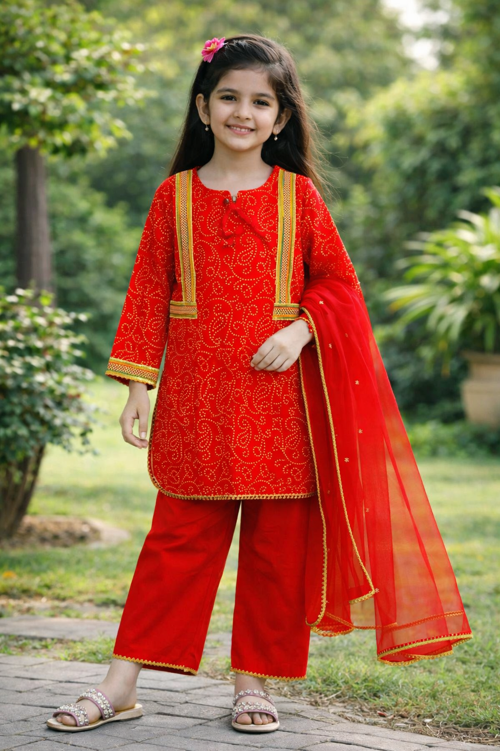 Red embroidered 3-piece girls outfit with net dupatta and straight pants, outdoor Pakistan
