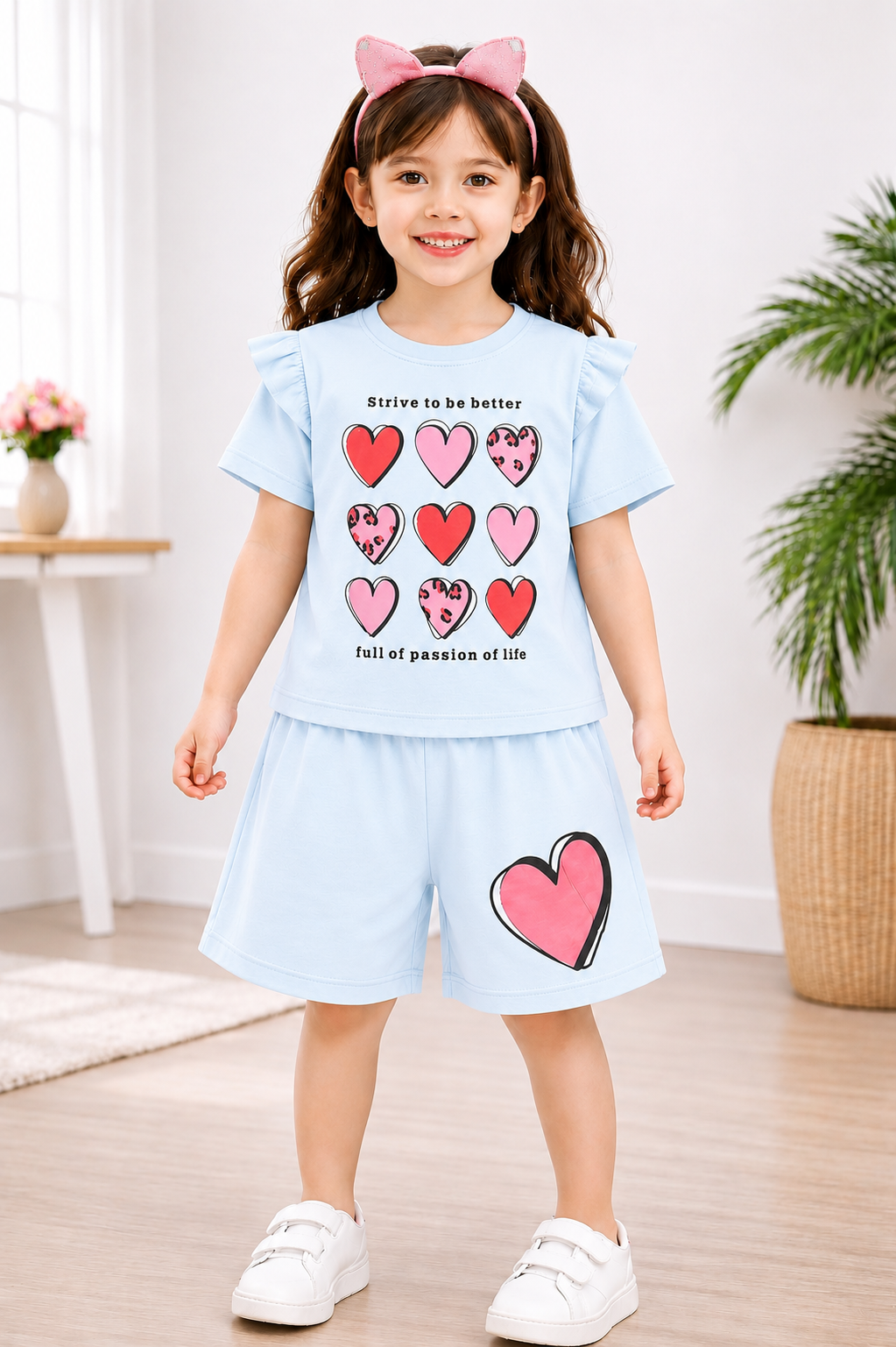 Hearts Printed White Girls Nicker Suit 439