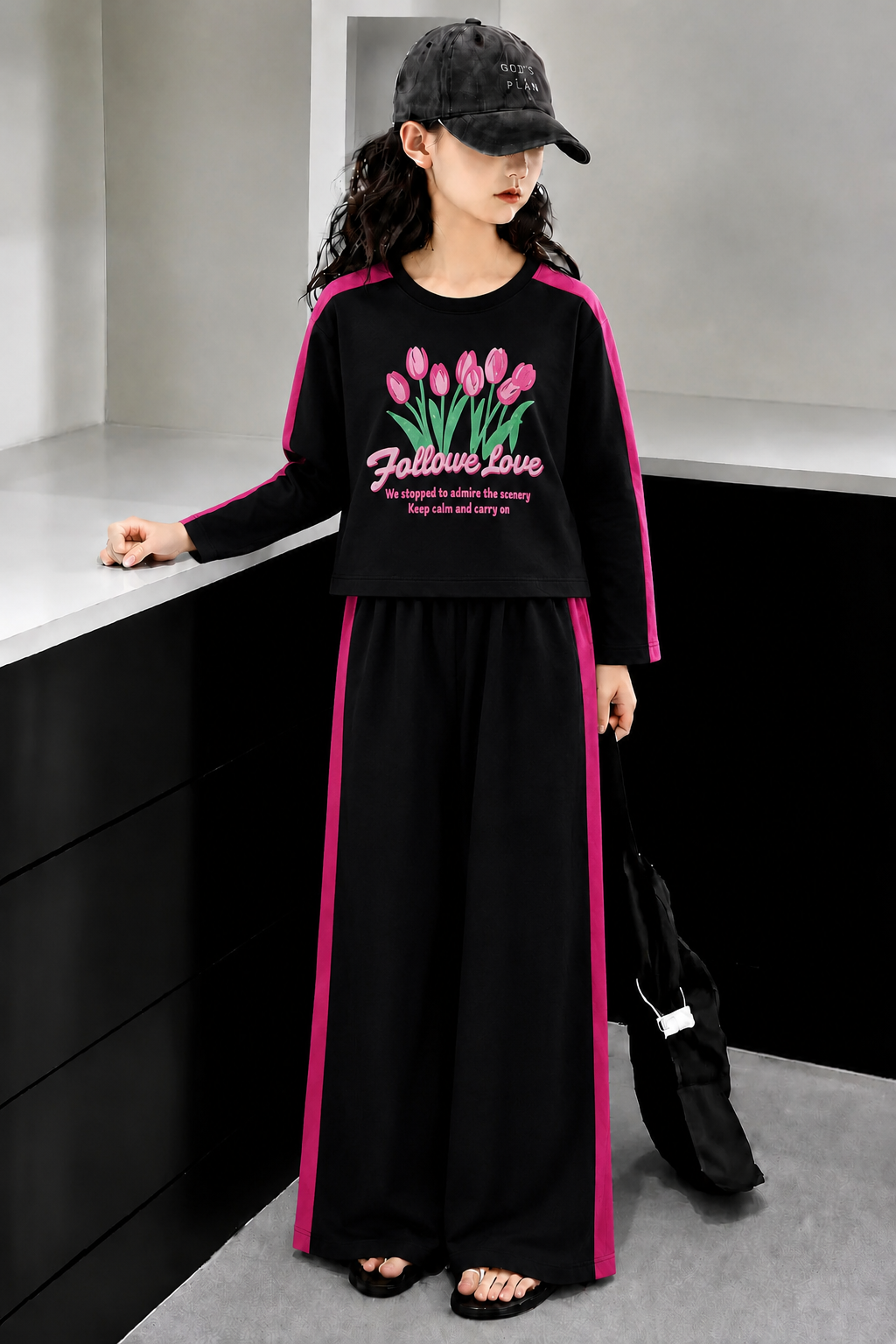 Flowers  Printed Black  Full Selves Baggy Track Suit Girls 246+244+238