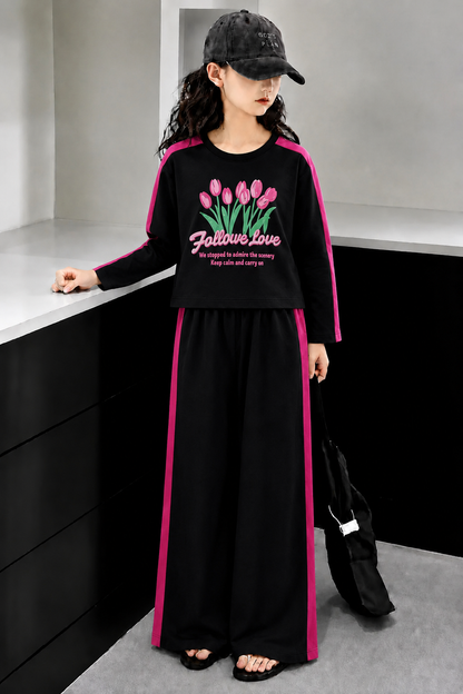 Flowers  Printed Black  Full Selves Baggy Track Suit Girls 246+244+238