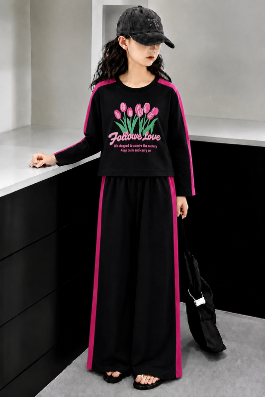 Flowers  Printed Black  Full Selves Baggy Track Suit Girls 246+244+238