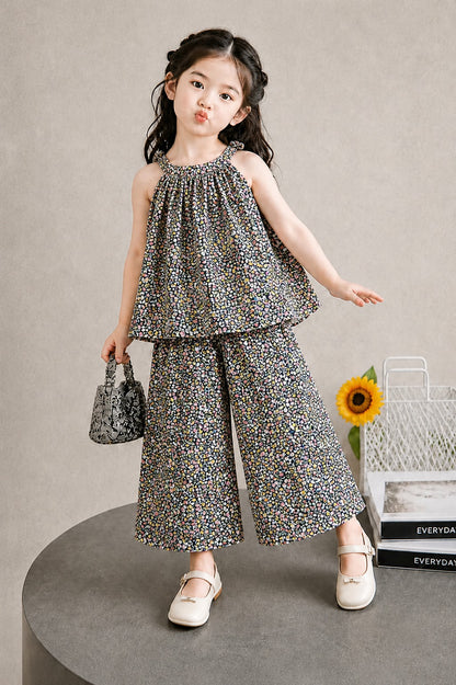 Multi-color  Blossom Printed Floral Top & Wide-Leg Pants Set 279