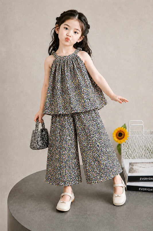 Multi-color  Blossom Printed Floral Top & Wide-Leg Pants Set 279