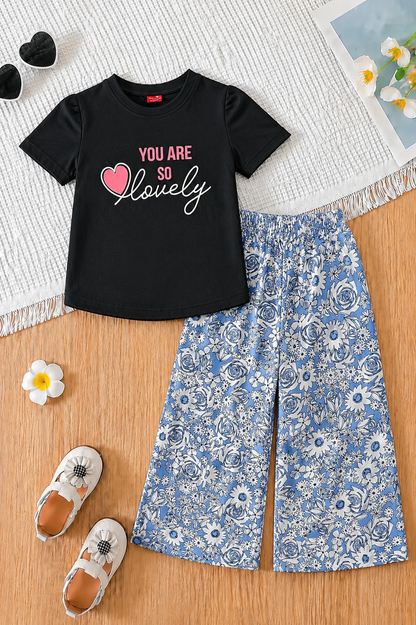 [You Are So Lovely ] Printed Black T-shirt & Cotton Flapper 515
