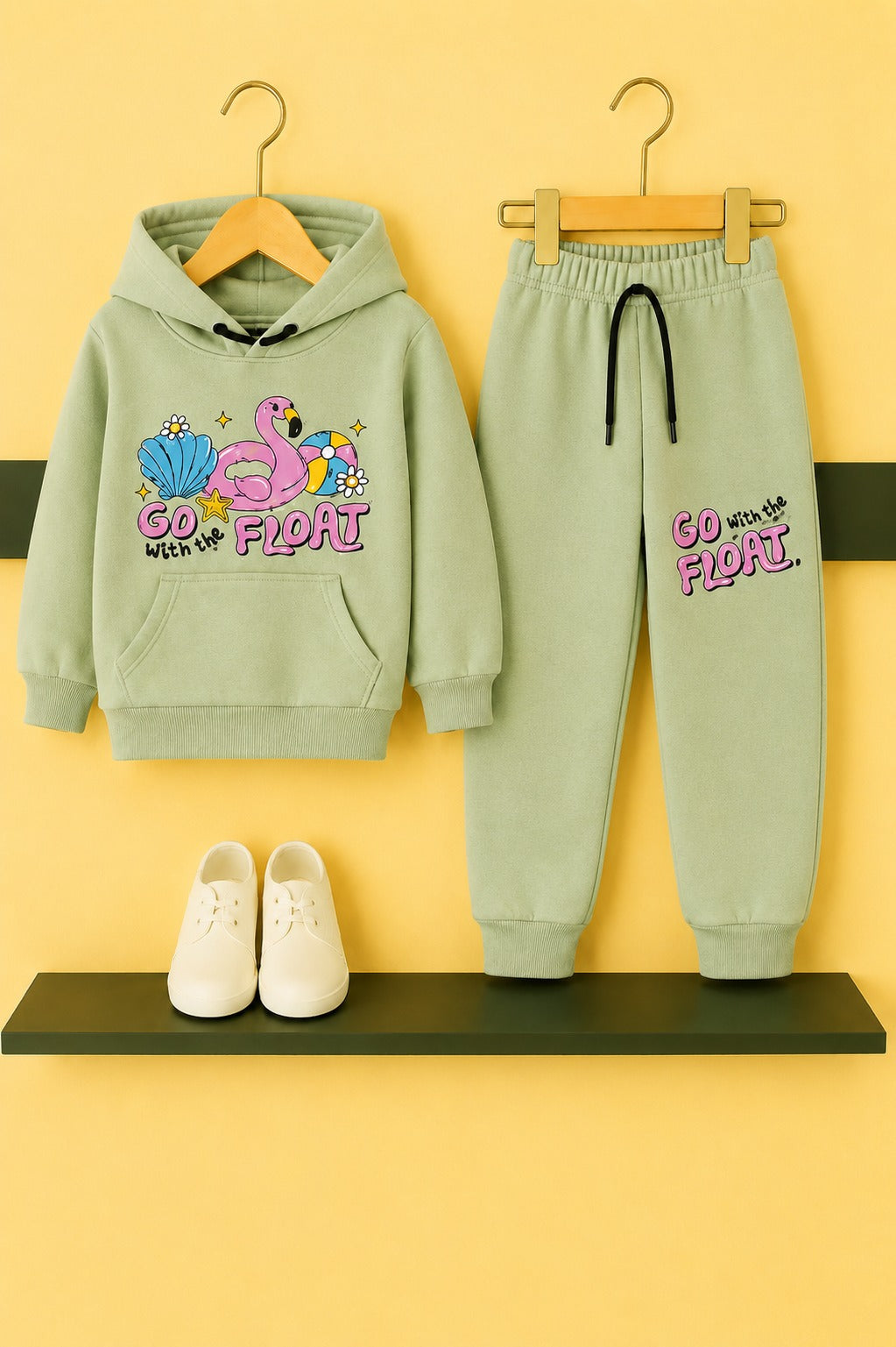 [Go Float ]Print Light Green  Fleece  Girls Hoodie Tracksuit 104