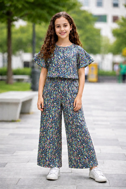 Multi color Blooms Printed Black Cotton Girls Co-Ord Set