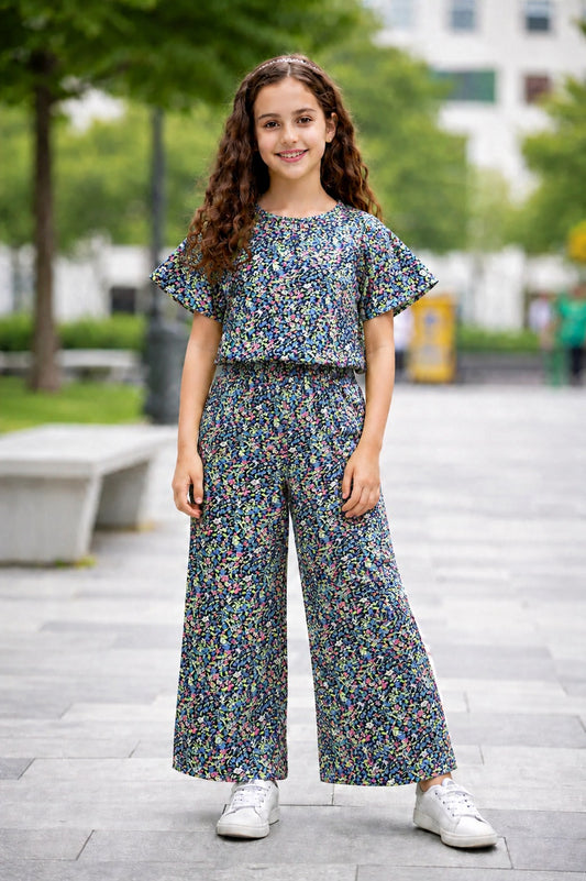 Multi color Blooms Printed Black Cotton Girls Co-Ord Set