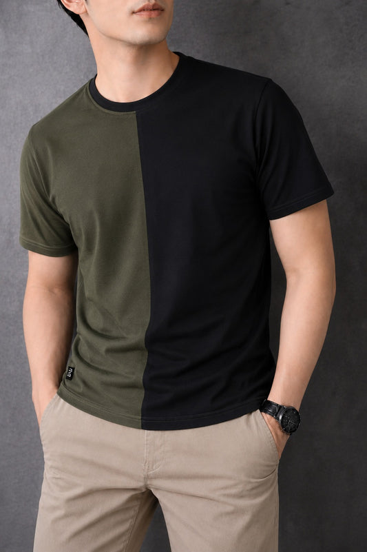 Split Contrast Black & Olive Green Cotton Jersey Men T-Shirt 806