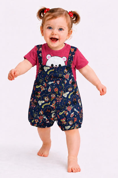 Navy & Pink Girls Romper Set