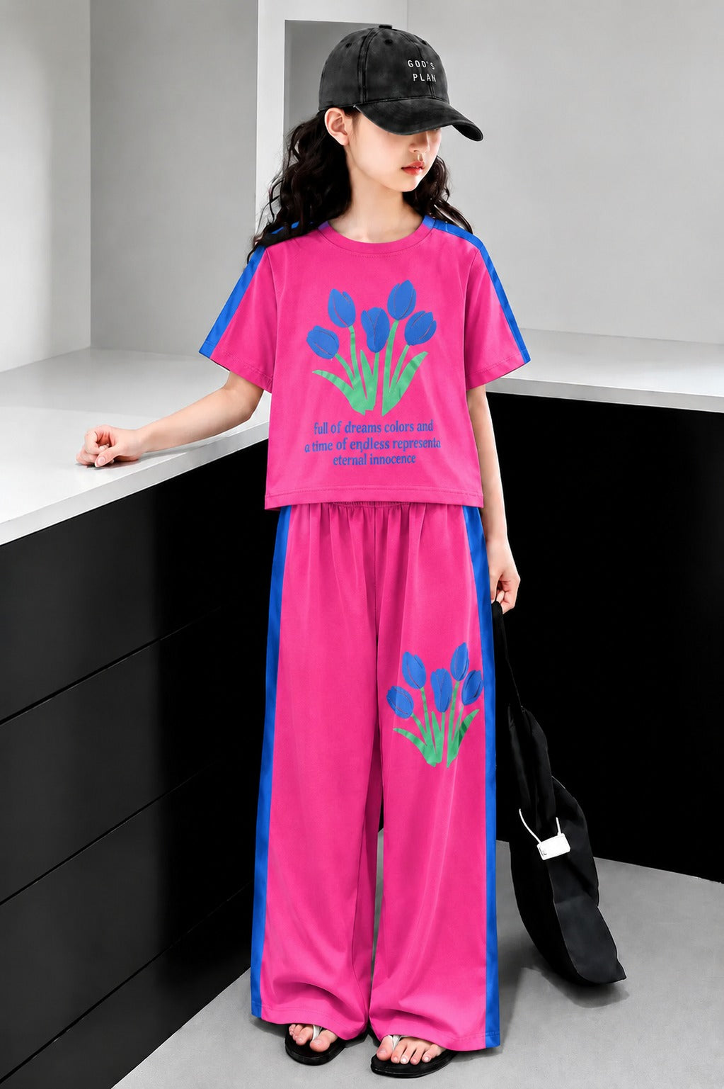 Flowers Printed Pink Half Selves Baggy Track Suit Girls