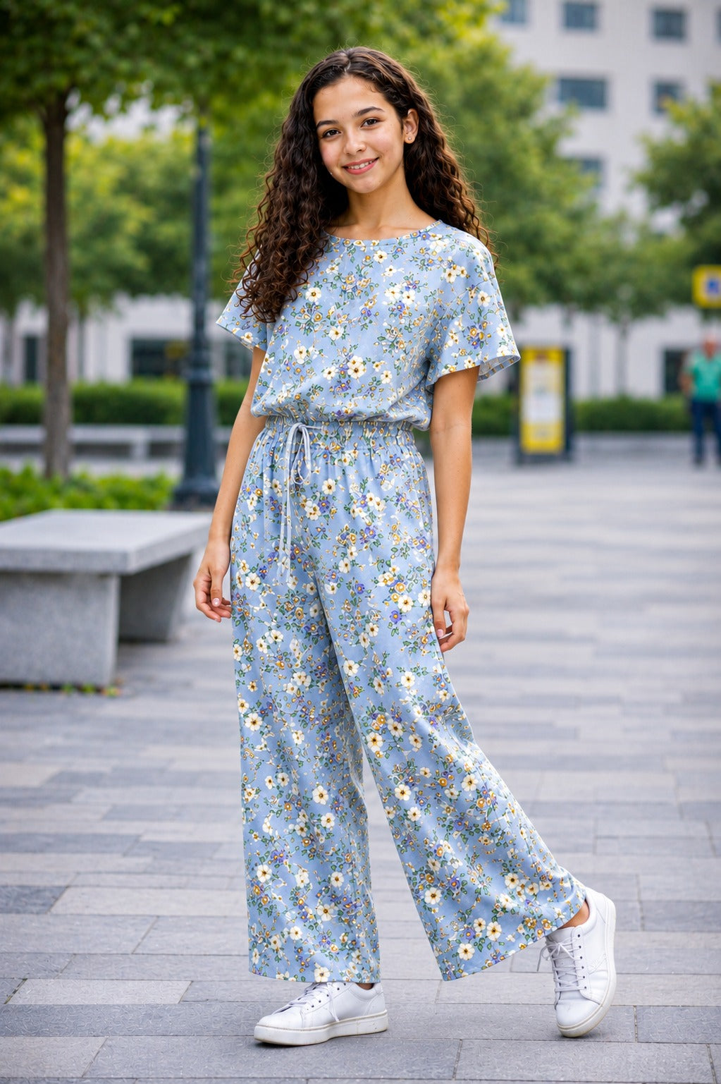 White Blooms Printed  Cotton Girls Co-Ord Set