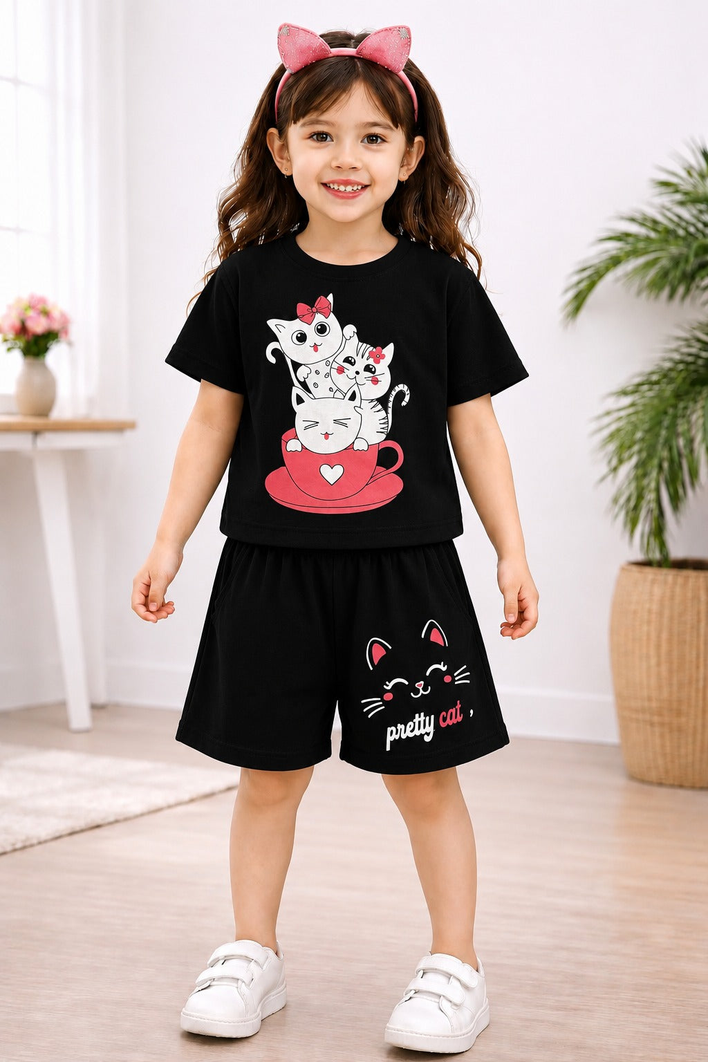 White Cats Printed Black  Girls Nicker Suit
