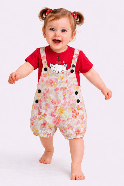 Flowers Printed Red Girls Romper Set