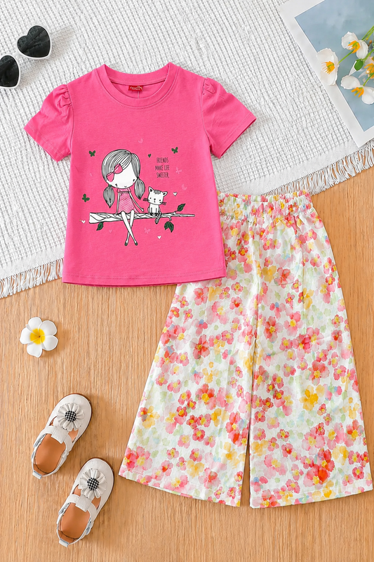 Girl with Cat Printed Light Pink Girls T-Shirt &Cotton Flapper